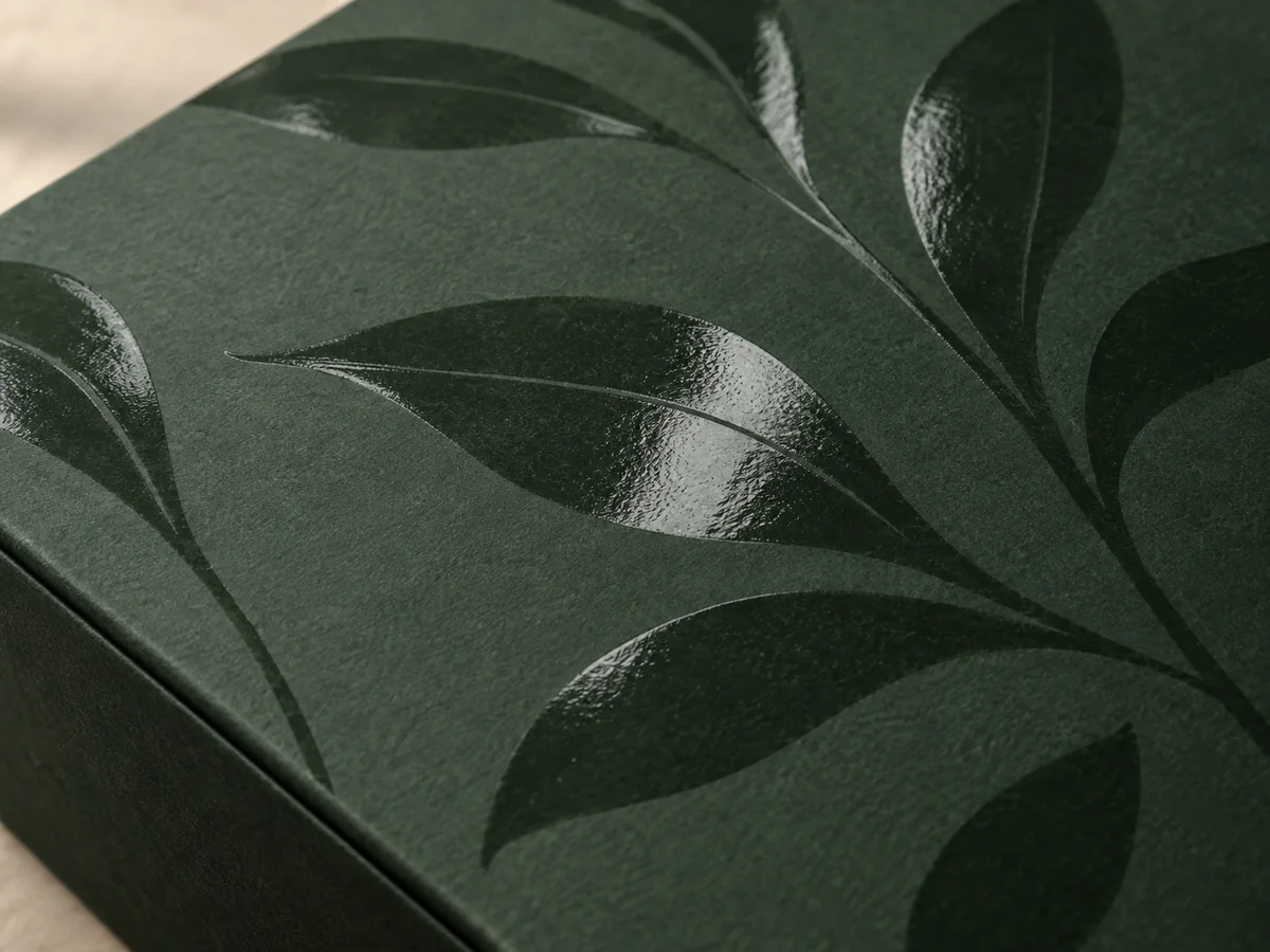 Glossy spot UV leaves against matte green paper packaging, finish concept