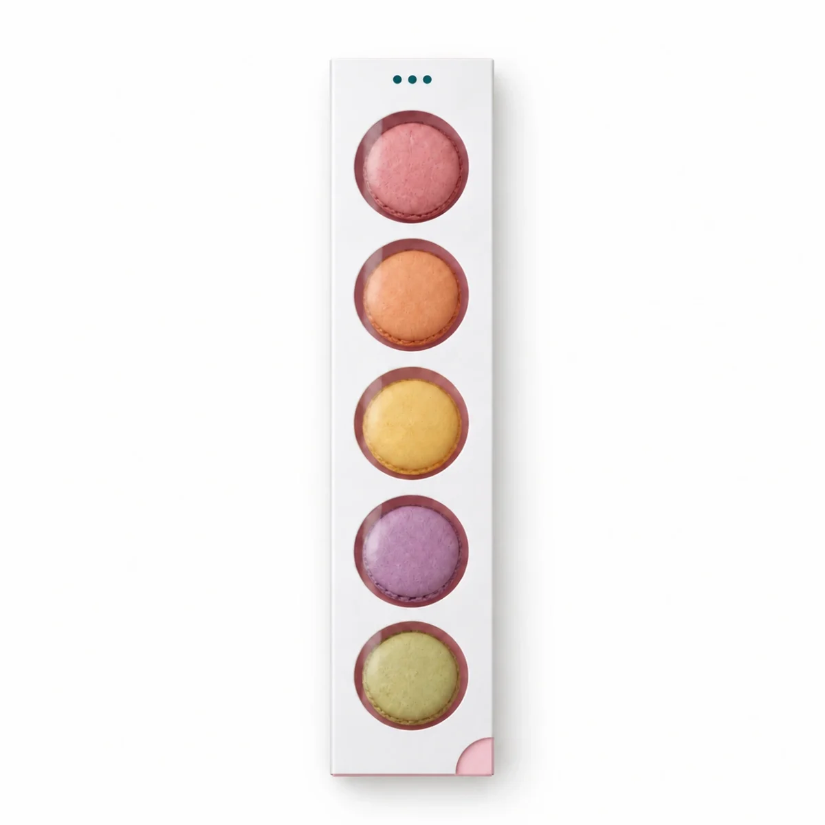 AI design concept: overhead view of five round windows and the original corner cutout on a white macaron sleeve