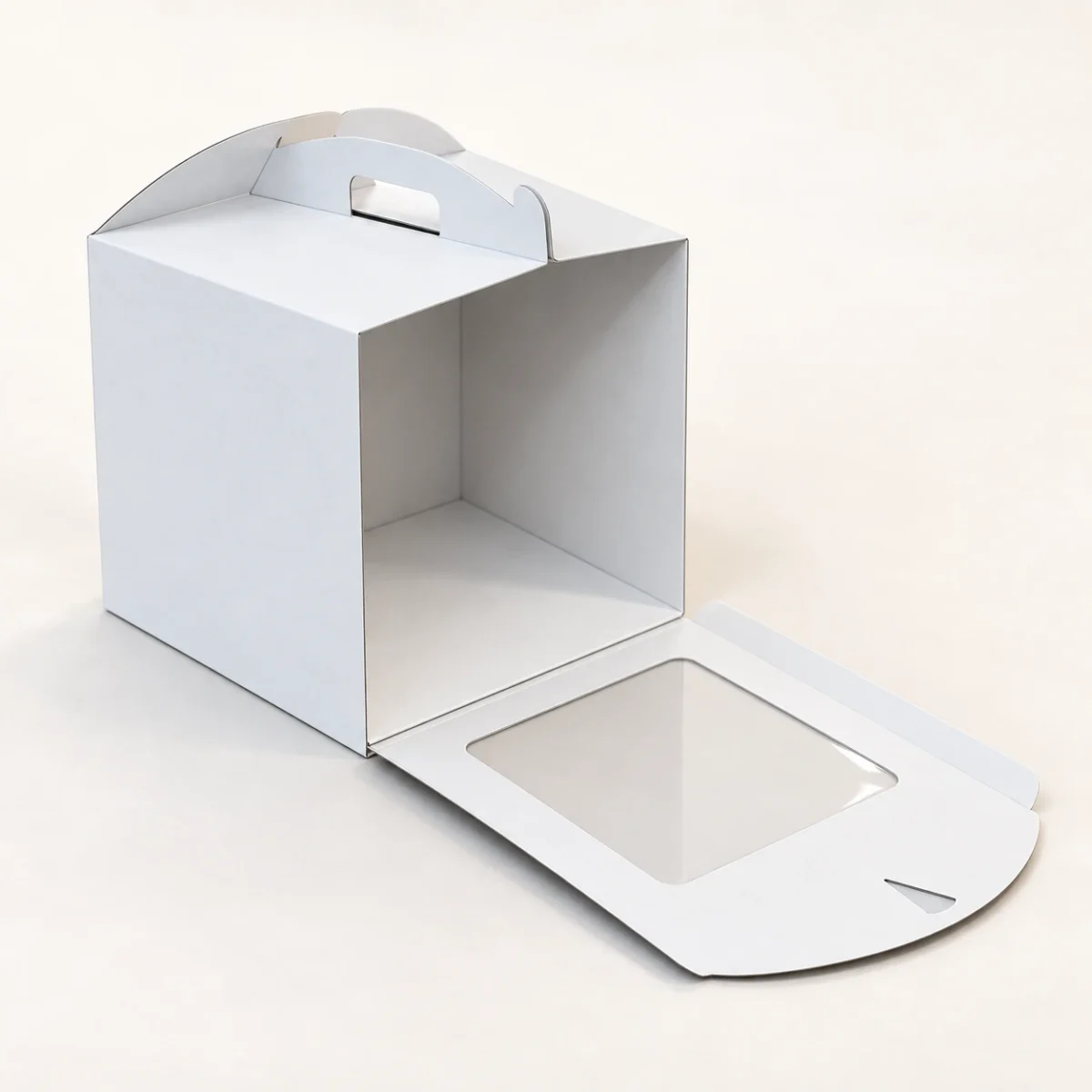 Front-Opening Cake Boxes: Check the Board's Route Through the Door AI design concept: empty white cake carton with its windowed front panel folded outward at the bottom hinge, revealing the opaque floor