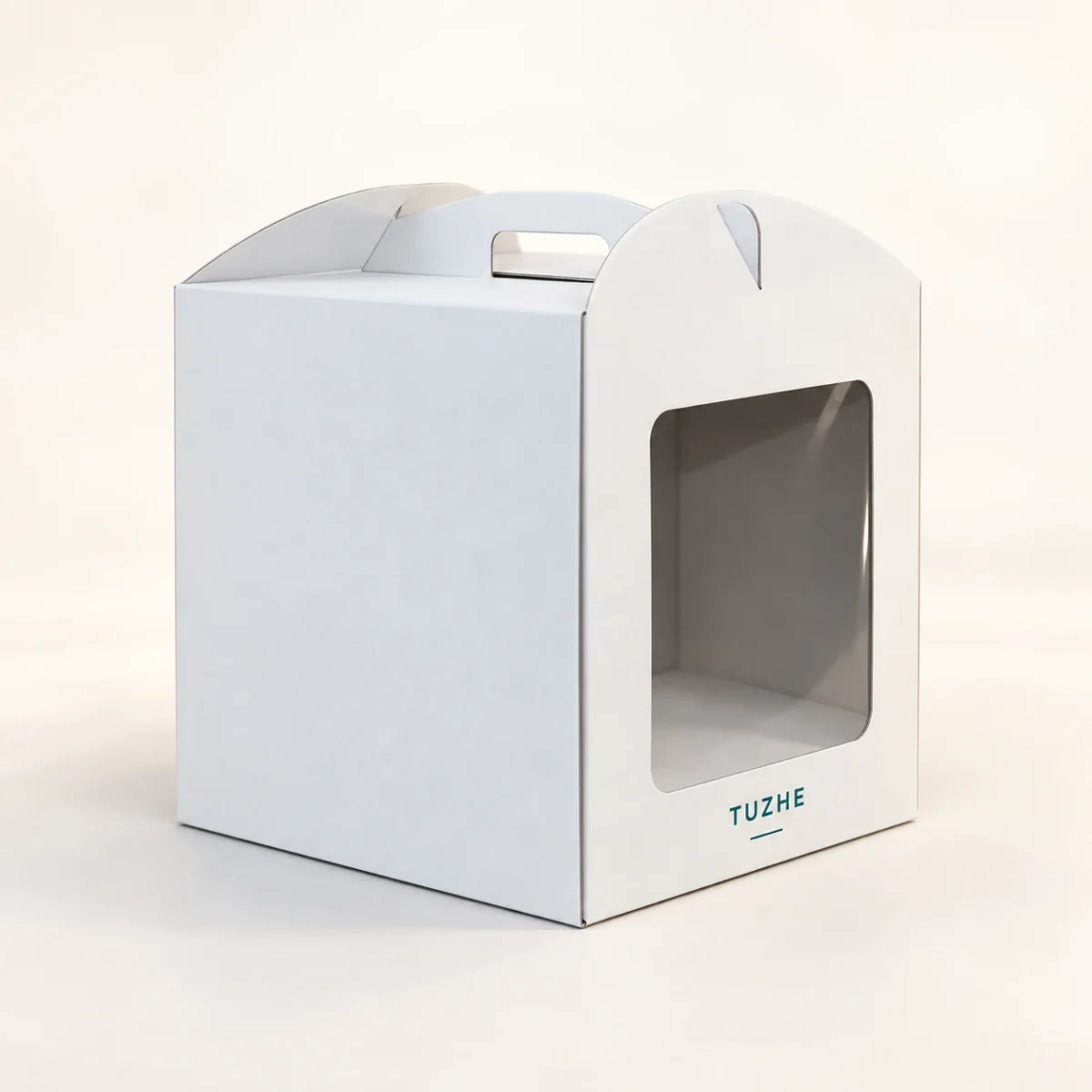 Front-Opening Window Cake Carrier — Custom Design Concept AI design concept: closed white TUZHE cake carrier with a front film window, opaque paper walls and integrated carry top