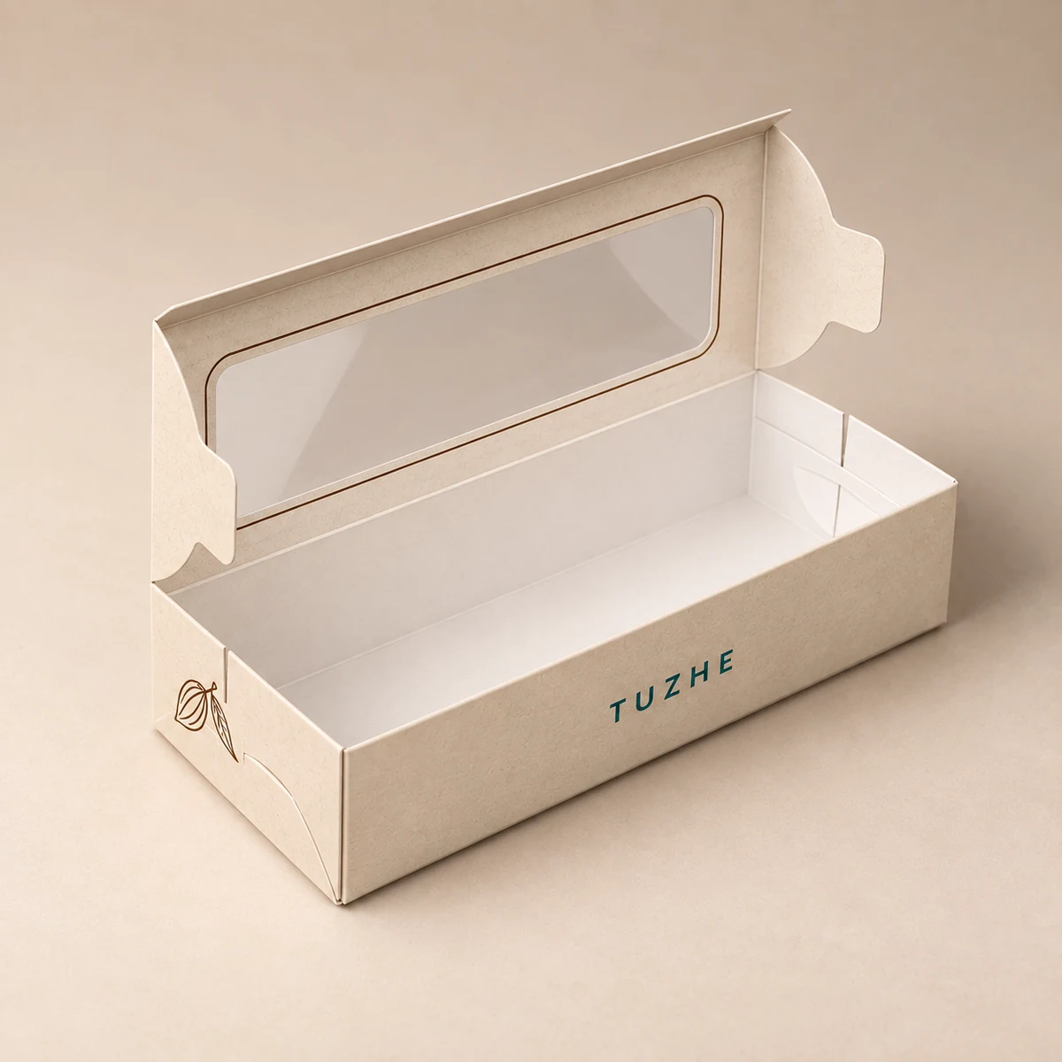 Open brownie window carton showing the continuous base and locking tabs