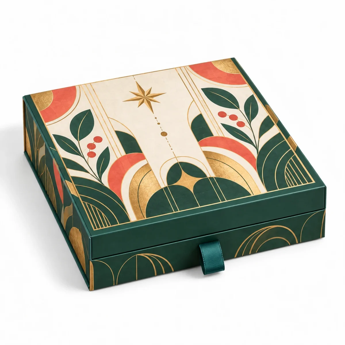 Closed two-level drawer gift box concept with green botanical artwork