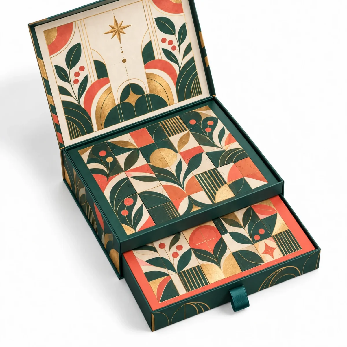 Two-Level Gift Boxes: Map Artwork Around the Lid and Drawer Open two-level gift box concept showing upper door grid and extended lower drawer