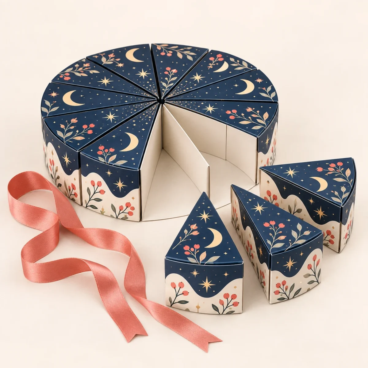 Component view of three removable wedge cartons beside one radial tier with the ribbon untied