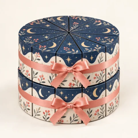 Two-tier radial wedge gift box set in a midnight-blue, ivory and coral celestial pattern, tied with coral ribbons