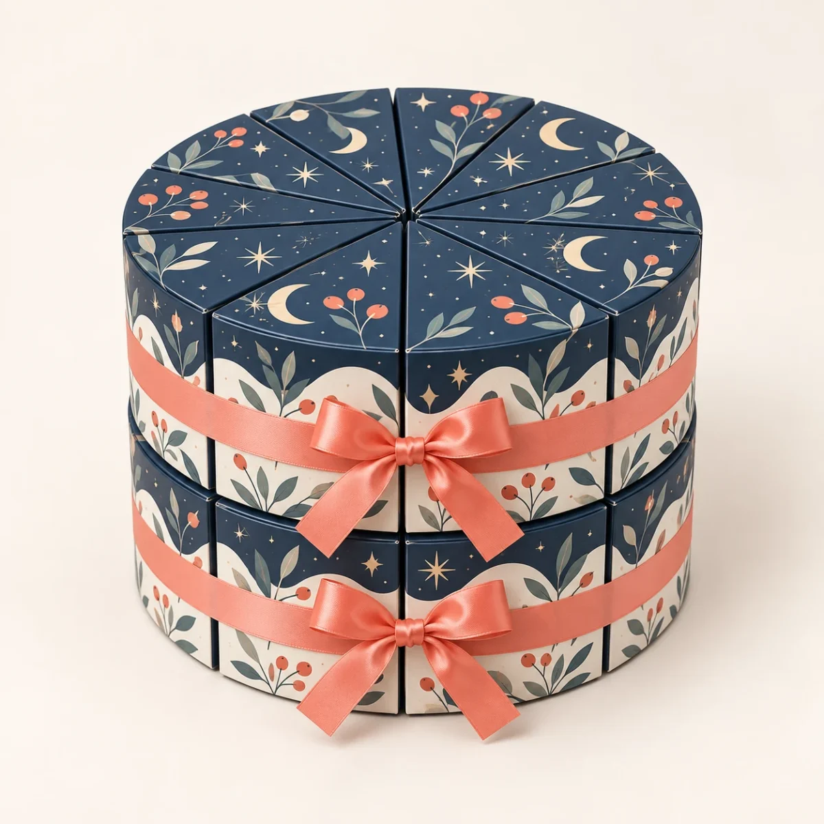 Radial Wedge Gift-Box Sets: Build a Position Map Before Packing Overhead view of the two-tier radial wedge carton arrangement with visible segment seams and two ribbon bands