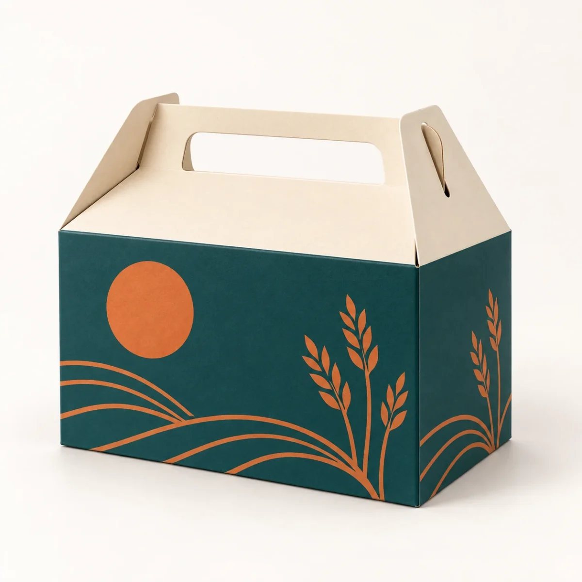 Wide Gable Bakery Carrier Box — Custom Design Concept Closed wide gable bakery carrier box with an integrated paper handle and teal, cream and orange botanical artwork