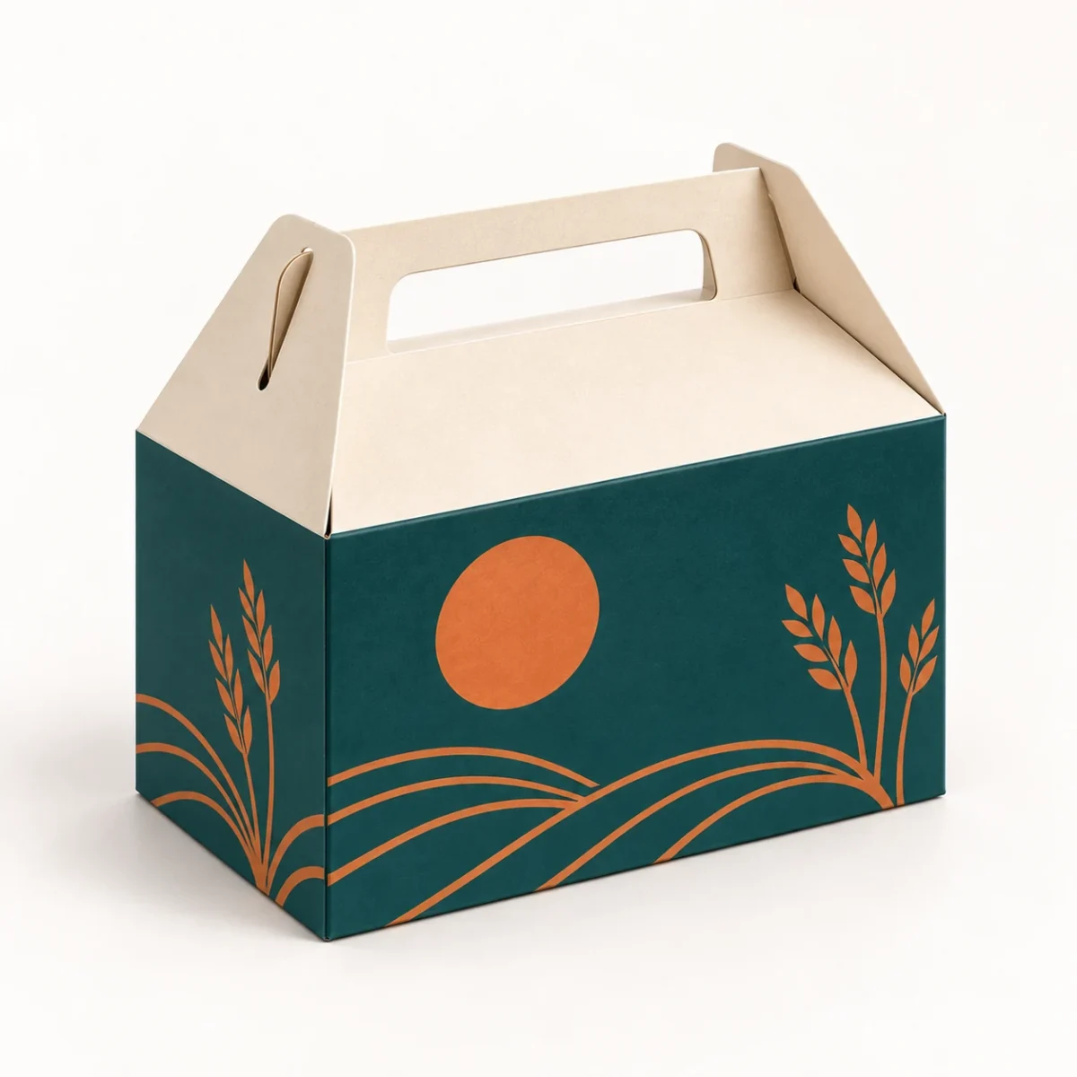 Rear three-quarter view of a closed wide gable bakery carrier with aligned paper handle panels and side closure