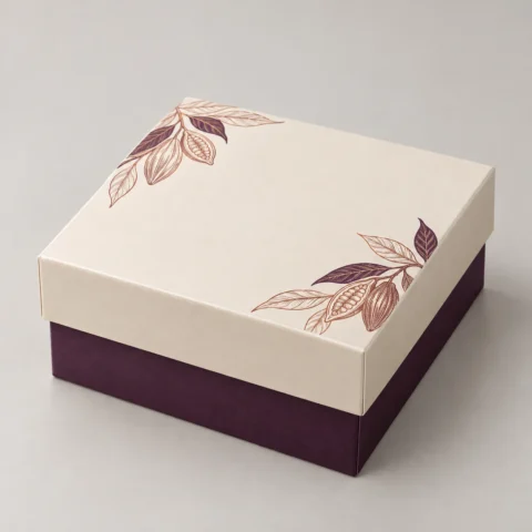 Closed square chocolate gift box concept with an ivory removable lid, cacao-pod line artwork and a deep aubergine base