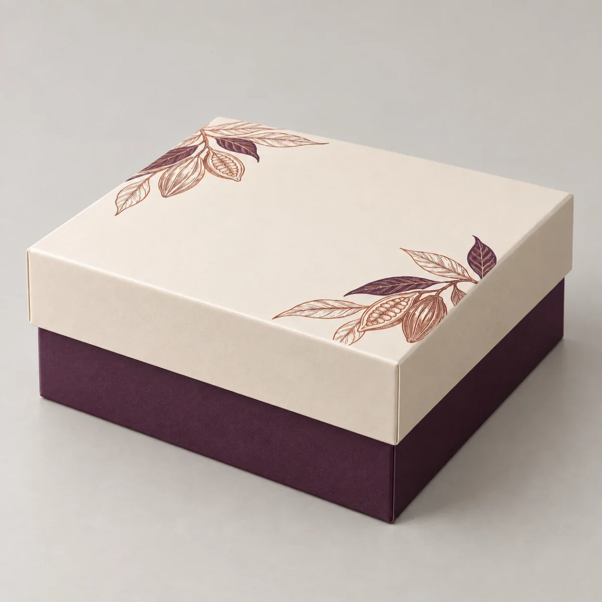 Side three-quarter view of the square gift box concept showing the full-overlap removable lid and straight base walls