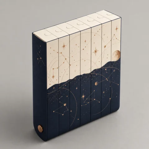 Seven-Piece Fan-Opening Gift Box Set — Design Concept Closed seven-piece fan-opening gift box concept with seven slim ivory and navy cartons aligned at a rounded shared end