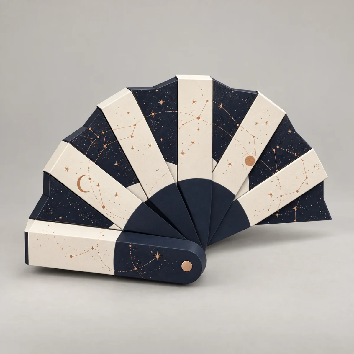 Fully opened seven-piece fan-opening gift box concept showing seven radial cartons around one shared pivot end