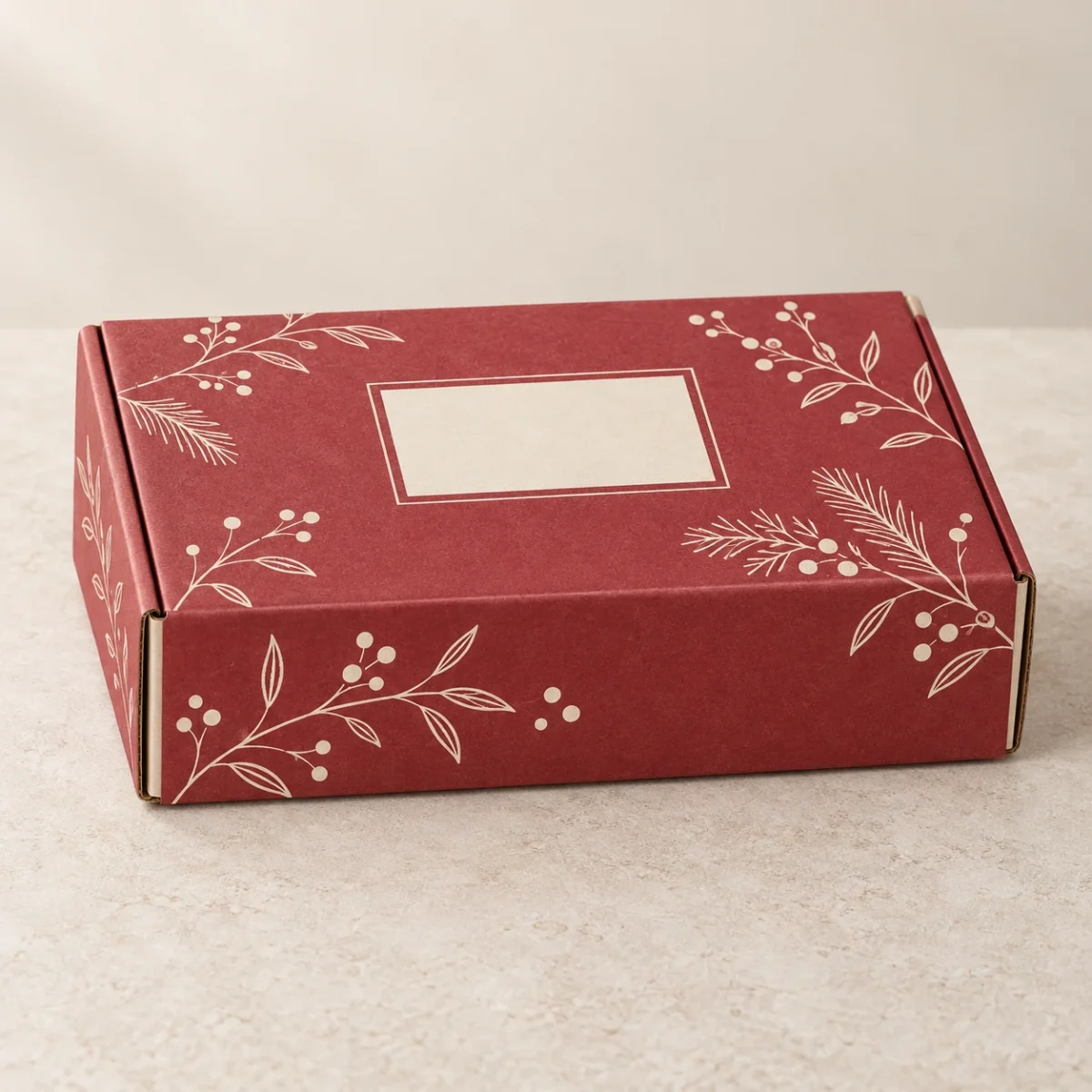 Rectangular bakery gift mailer custom design concept in a front-left view