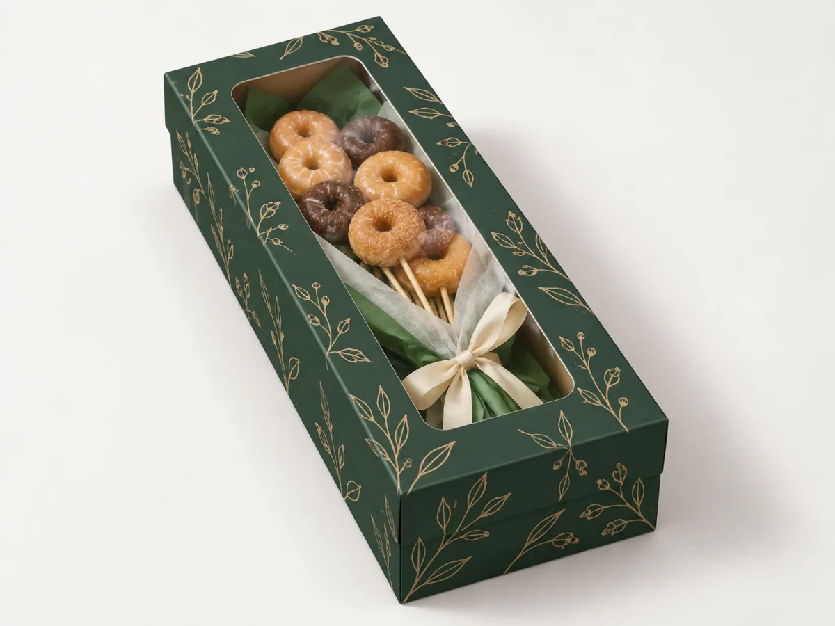 Long Rectangular Dessert Presentation Box with Clear Window Lid Long rectangular two-piece dessert presentation box with clear window lid