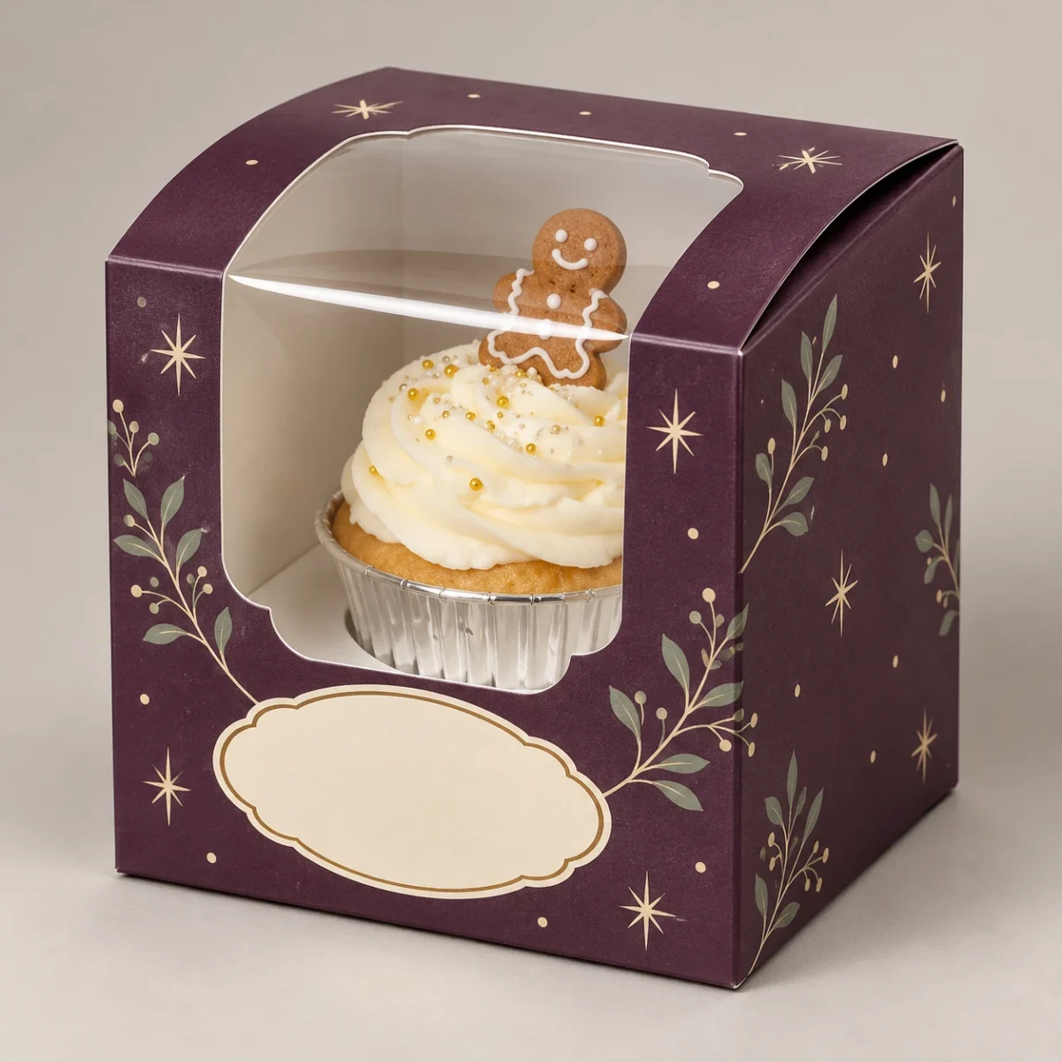 Single Cupcake Window Carton — Custom Design Concept Single cupcake window carton custom design concept in front three-quarter view