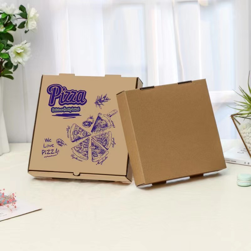 Kraft Pizza Boxes with Purple Printing Purple-Print Kraft Pizza Takeaway Boxes