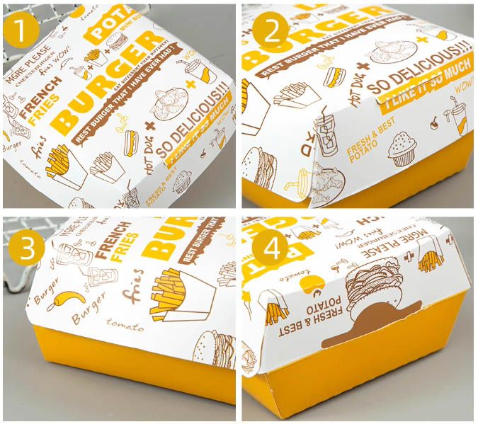 White Printed Hamburger Clamshell Boxes