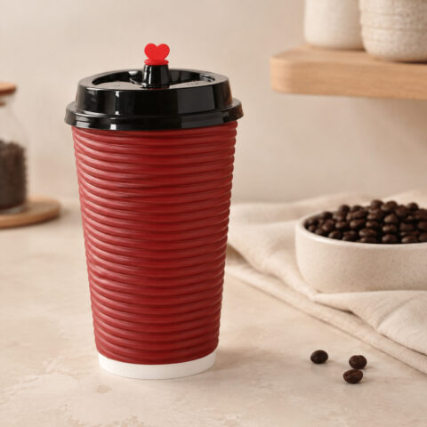 Red horizontally ribbed takeaway cup with a black lid and red heart-shaped drink stopper