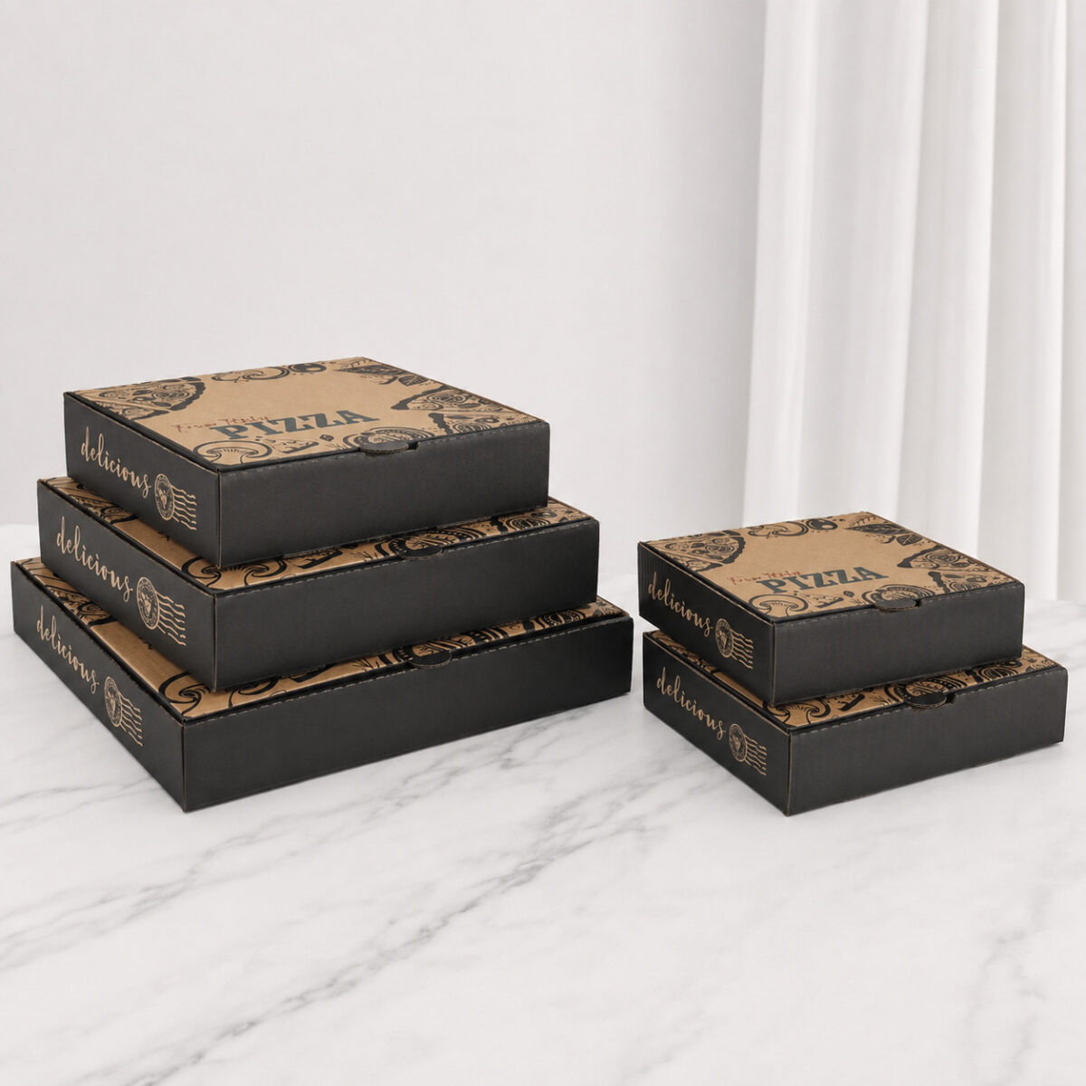 Black Printed Corrugated Pizza Boxes Five black-sided kraft pizza boxes with printed food illustrations arranged in two stacks