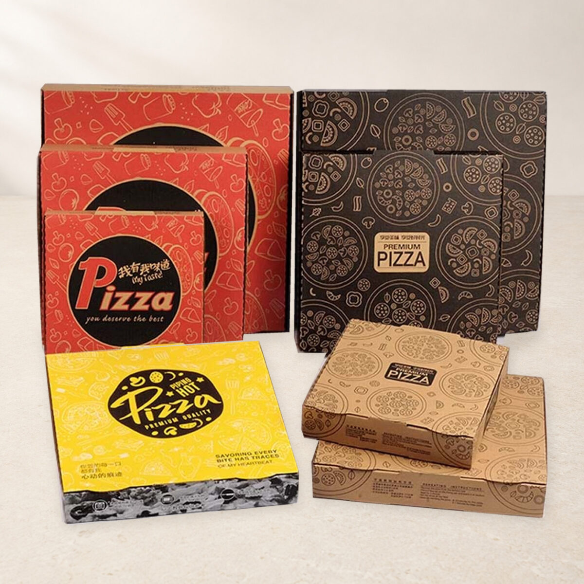 Eight printed pizza boxes in red, black, yellow and kraft designs