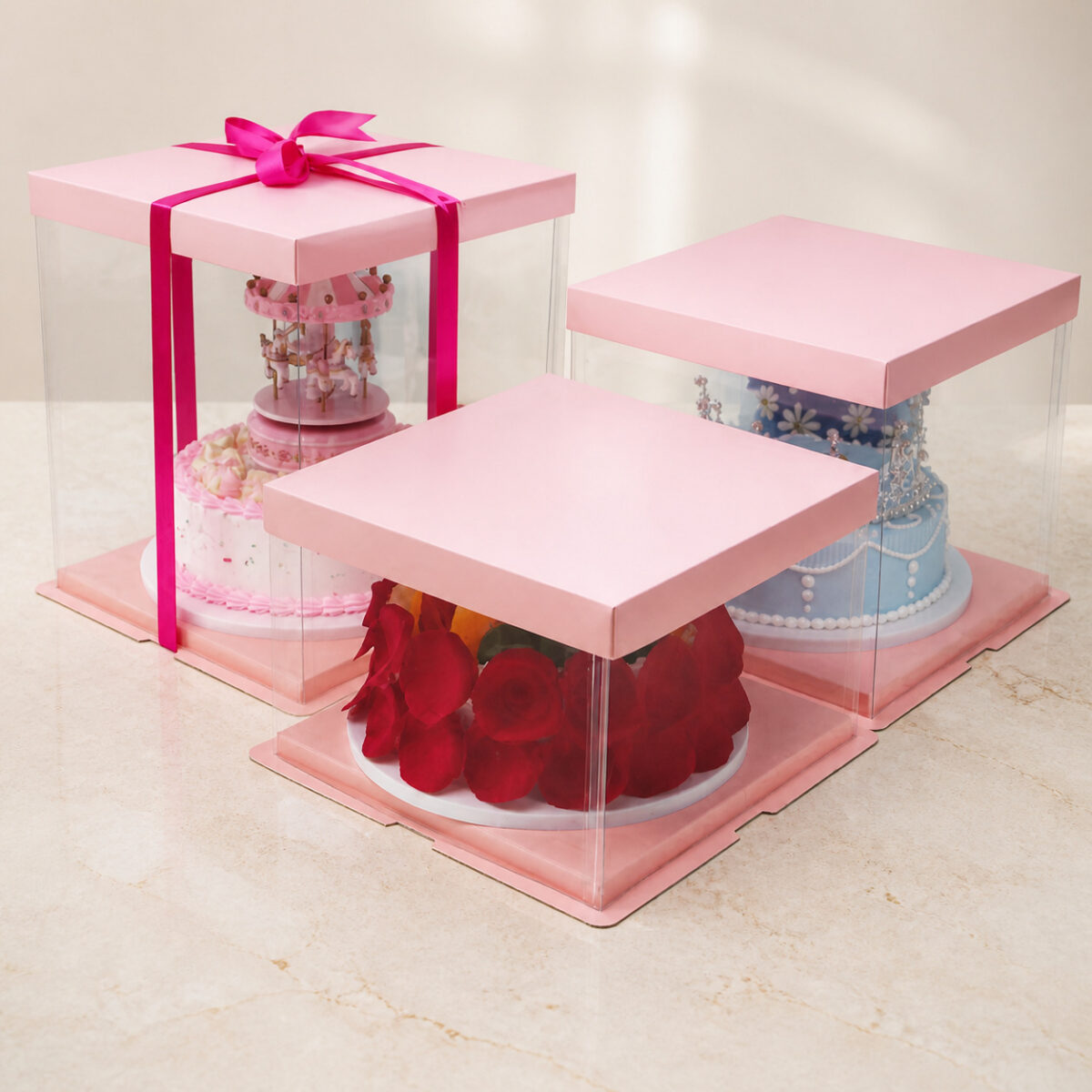 Three clear square display boxes with pink lids and bases in different heights