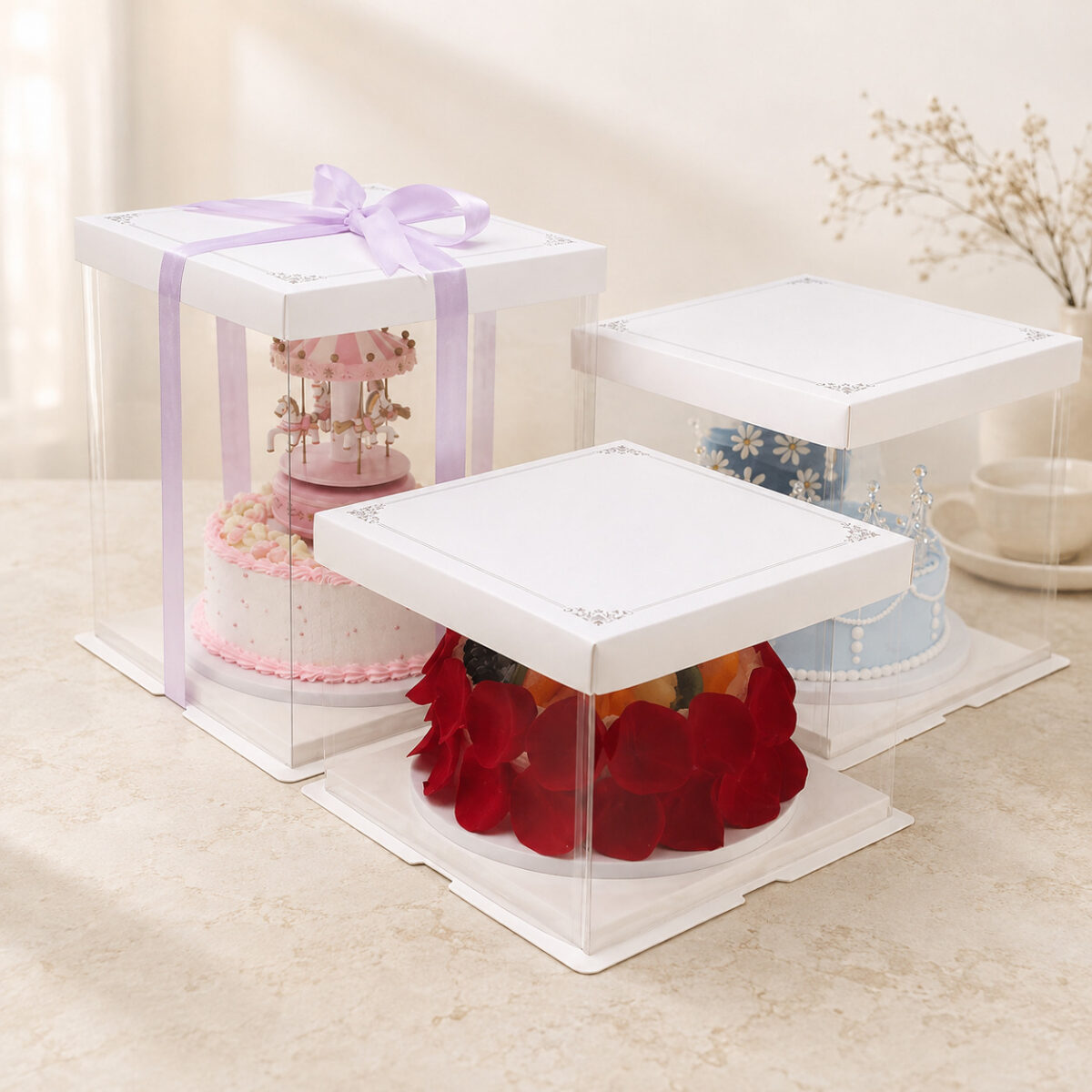 Three clear square display boxes with ornamented white lids and bases and one lavender ribbon