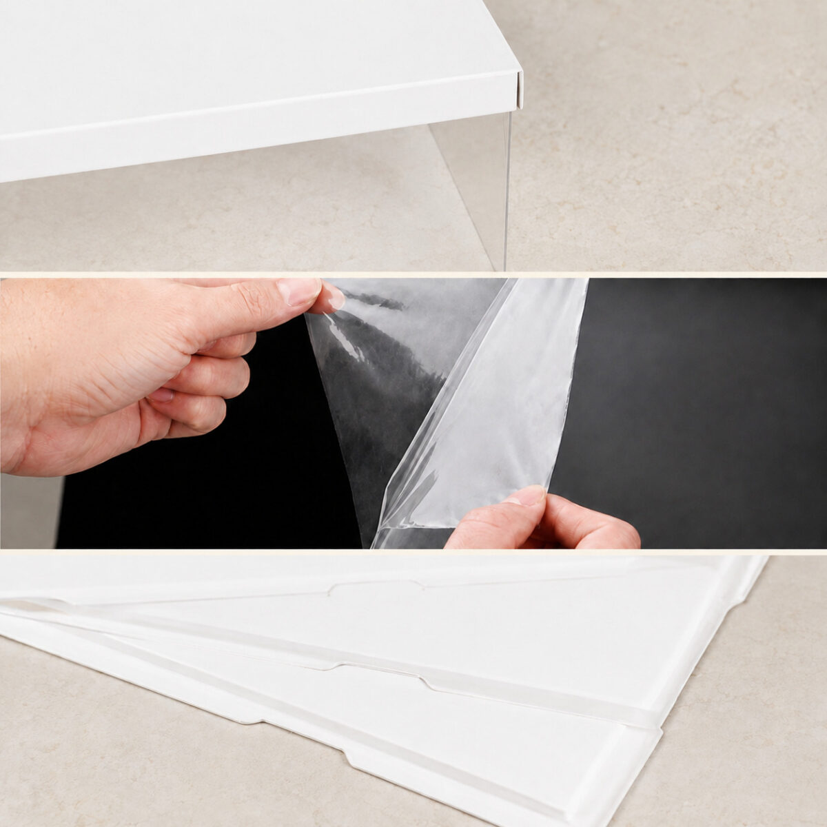 Three detail views showing a white cake box lid corner, removable protective film and folded white base edges