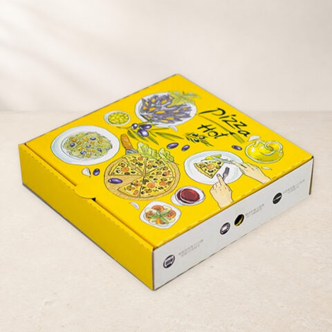 Yellow illustrated pizza box with a white front wall and ventilation opening
