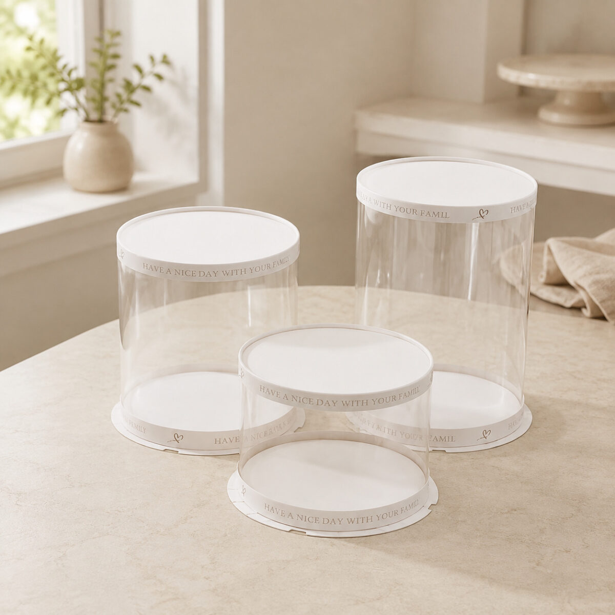 Three empty clear cylindrical cake boxes in different heights with white lids and printed white base bands