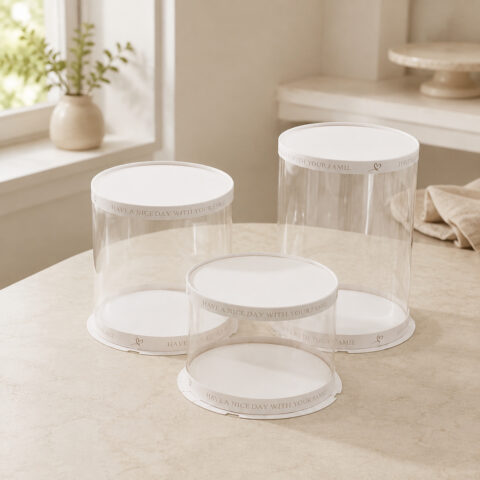 Three empty clear cylindrical cake boxes in different heights with white lids and printed white base bands