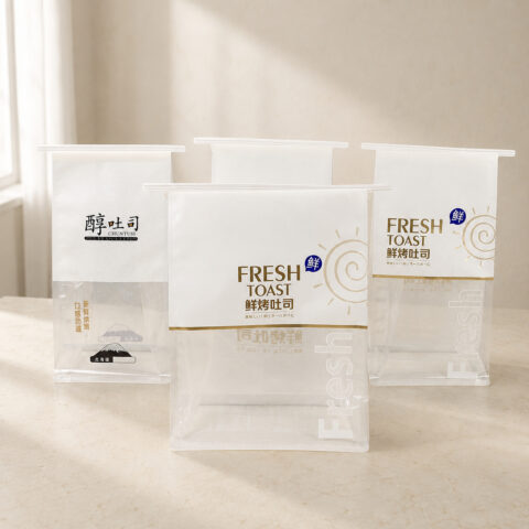 Four bread bags with white printed upper panels, clear gusseted bottoms and straight white clip closures