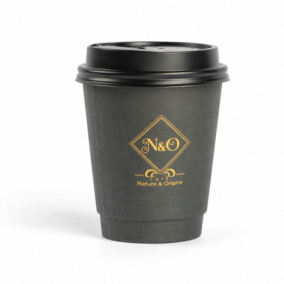 Custom Printed Paper Cups for Hot Drinks Charcoal paper coffee cup with a black lid and gold Nature and Origins artwork