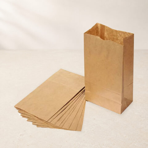 Open kraft paper bag beside a fan of matching flat paper bags