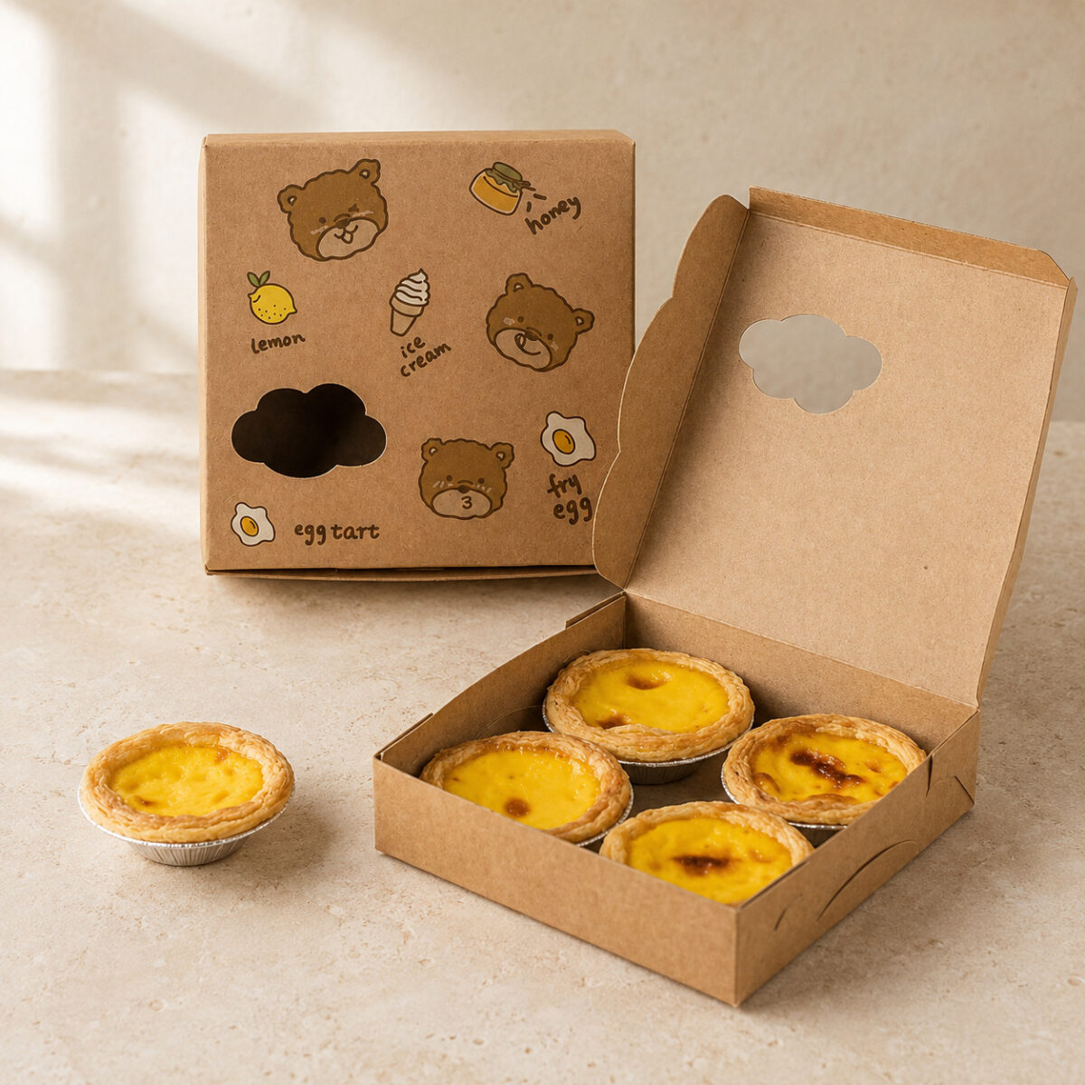 Open kraft egg tart box holding four tarts beside a matching closed bear-print carton