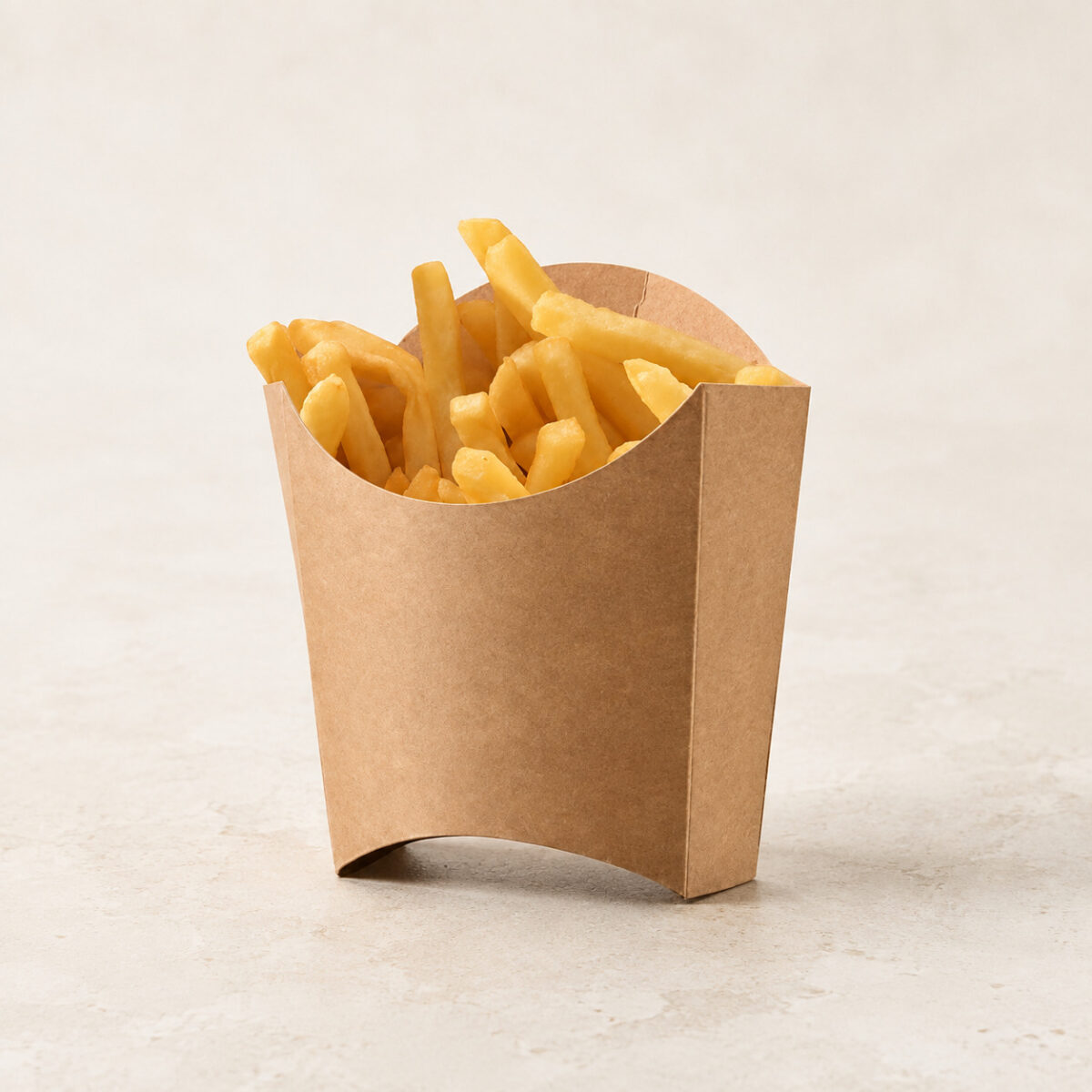 Kraft paper fry scoop carton with a curved front opening and fries
