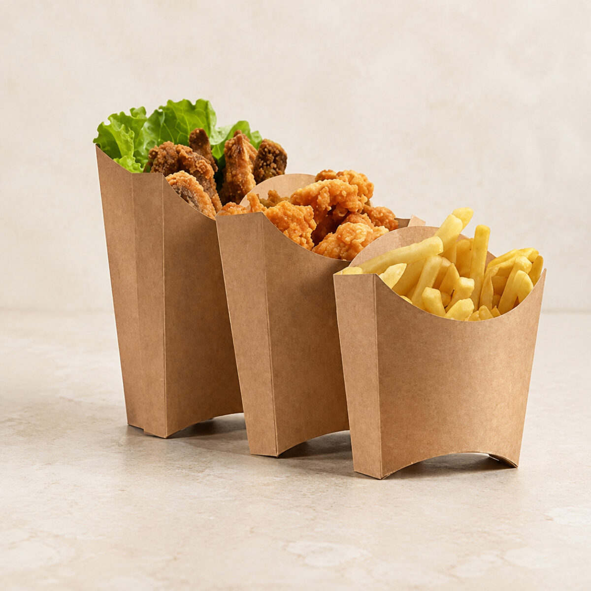 Three kraft food scoop cartons in different heights holding fries and fried snacks