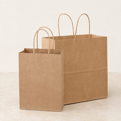 Two plain kraft paper shopping bags in different sizes with twisted paper handles