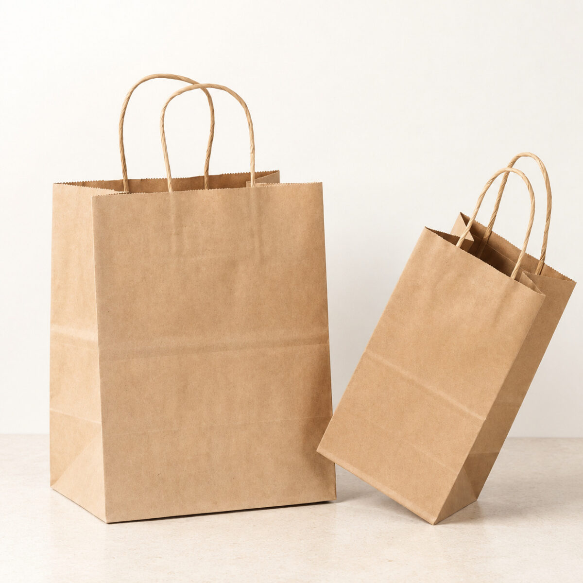 Two kraft shopping bags with twisted paper handles, one upright and one tilted