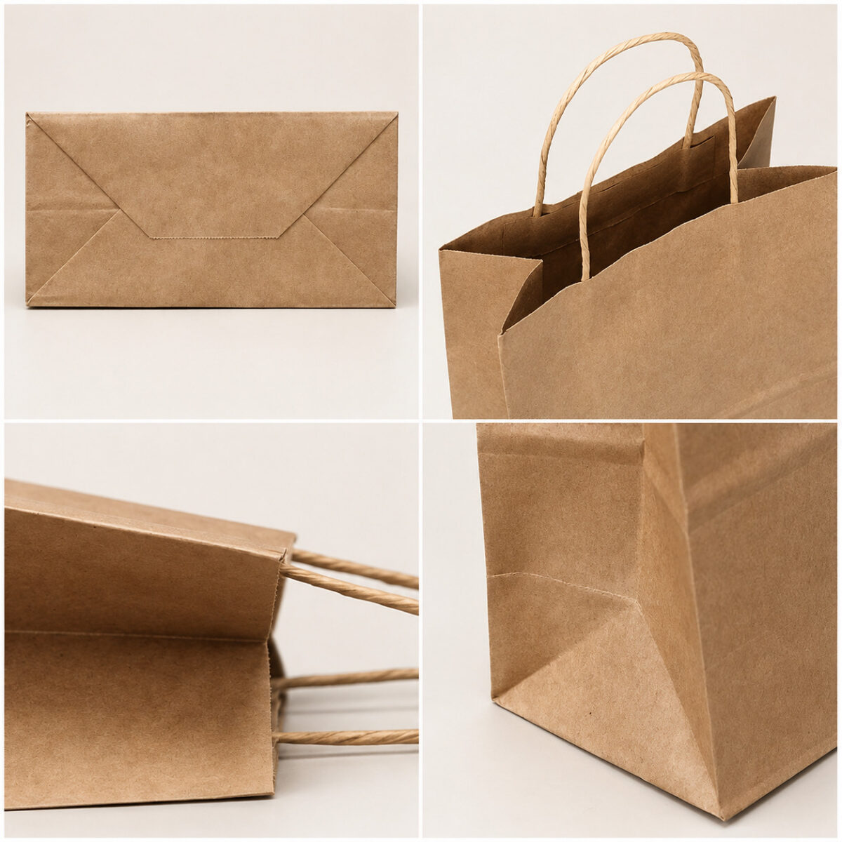 Four construction details of a kraft paper bag showing its folded base, handles, rim and gusset
