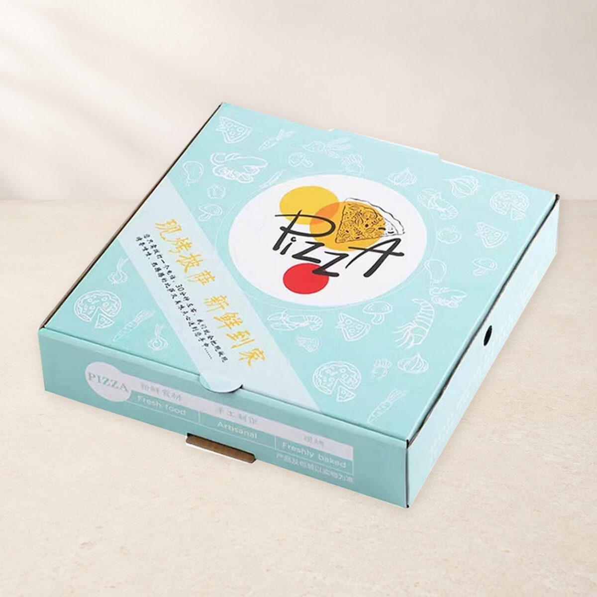Pastel blue pizza box viewed from above with a side vent and front board tab