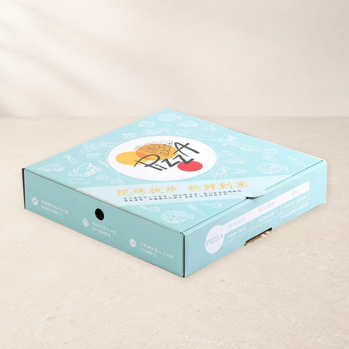 Pastel blue printed pizza carton with a circular side ventilation hole