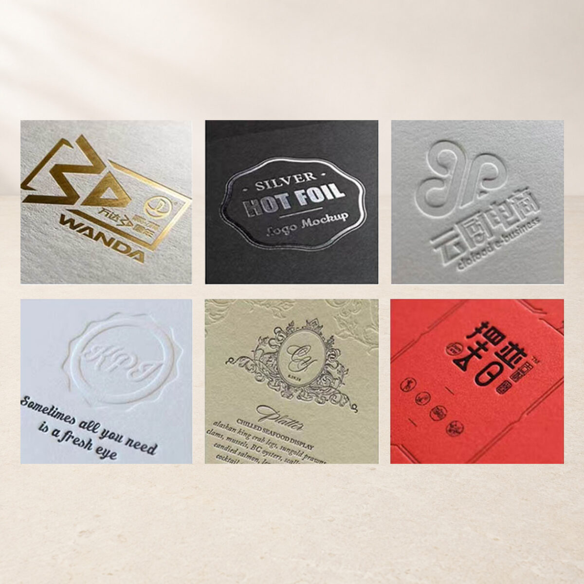 Six paper finishing reference samples showing foil, embossing and printed artwork