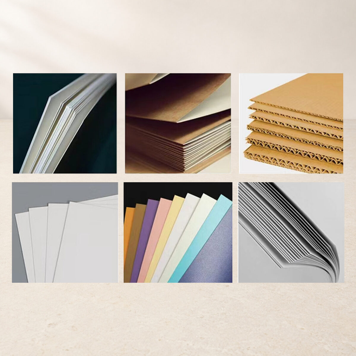 Six paper and board reference photos including corrugated, kraft and colored sheets