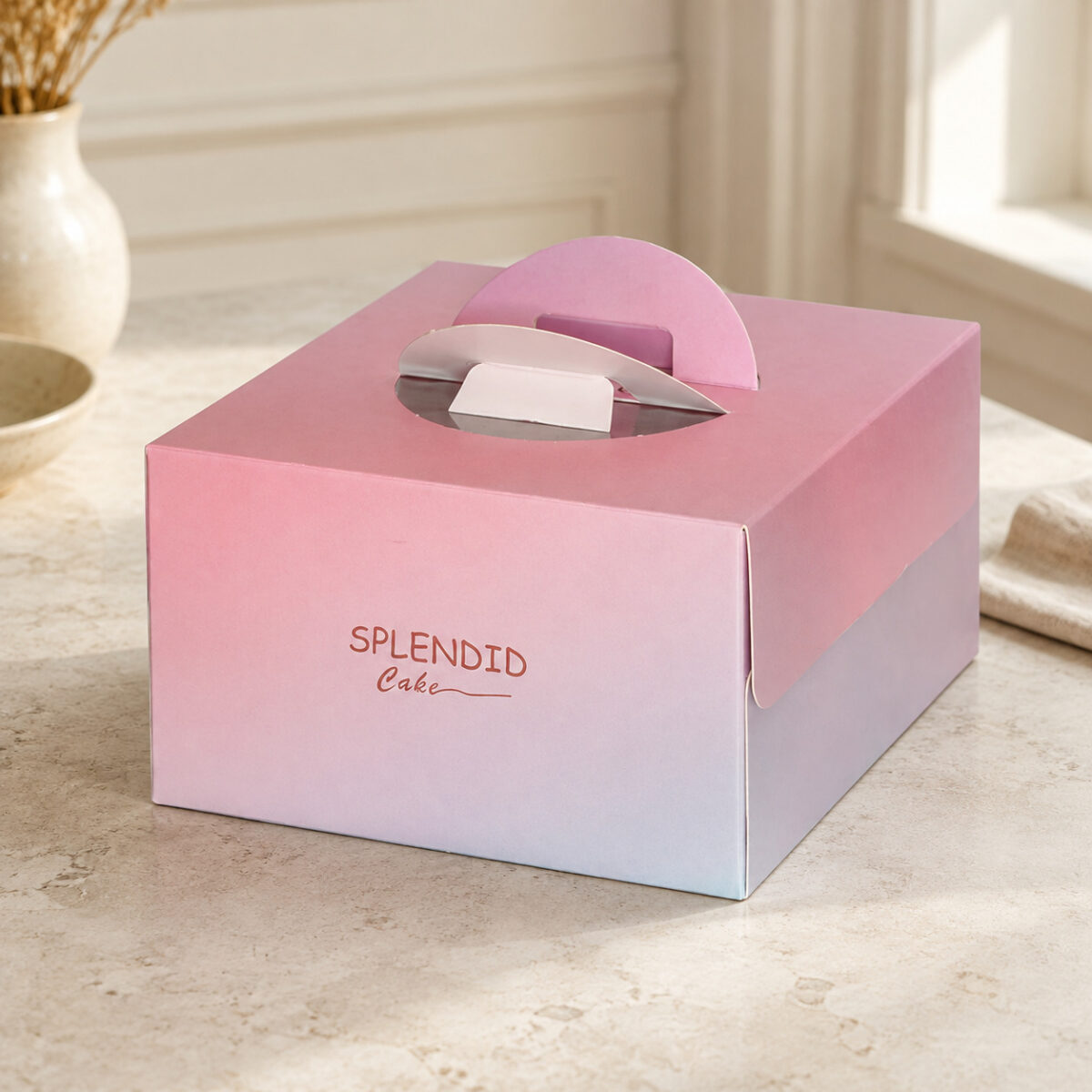 Pastel Cake Boxes with Folding Carry Handles Pink and pale-blue gradient cake box with an integral folding top handle and Splendid Cake print