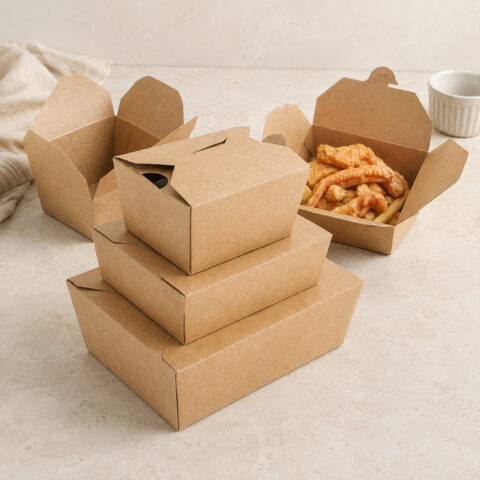 Kraft takeaway cartons in three stacked sizes with open cartons behind