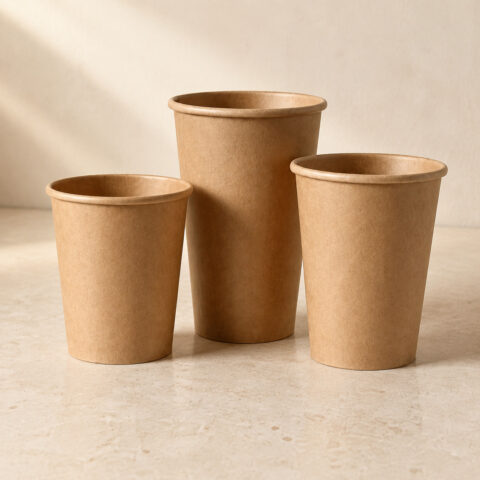 Three plain kraft paper cups in different heights on a light stone surface