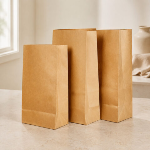 Three plain kraft takeaway bags in different sizes with side gussets and folded rectangular bottoms