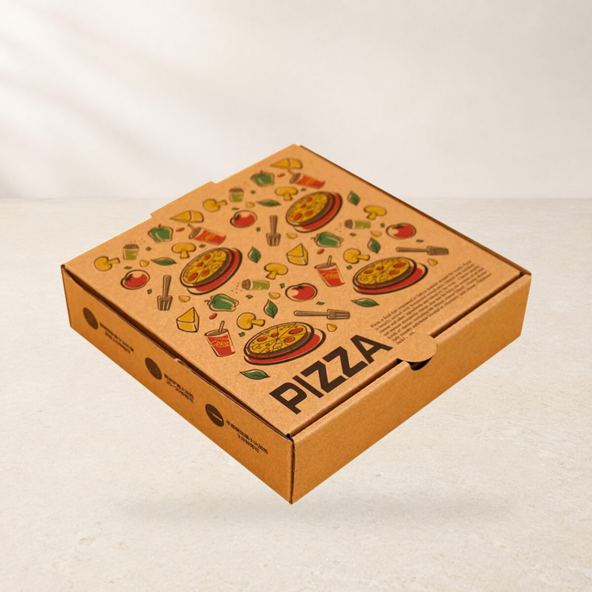 Printed kraft pizza box with colorful pizza and food illustrations