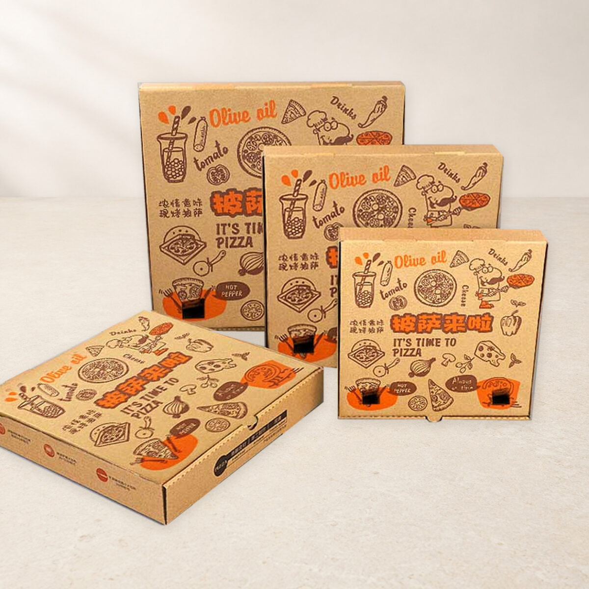Four printed kraft pizza boxes displayed upright and flat in graduated sizes