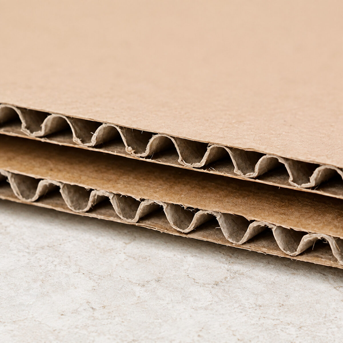Close-up of two exposed kraft corrugated paperboard flute rows and liner surfaces